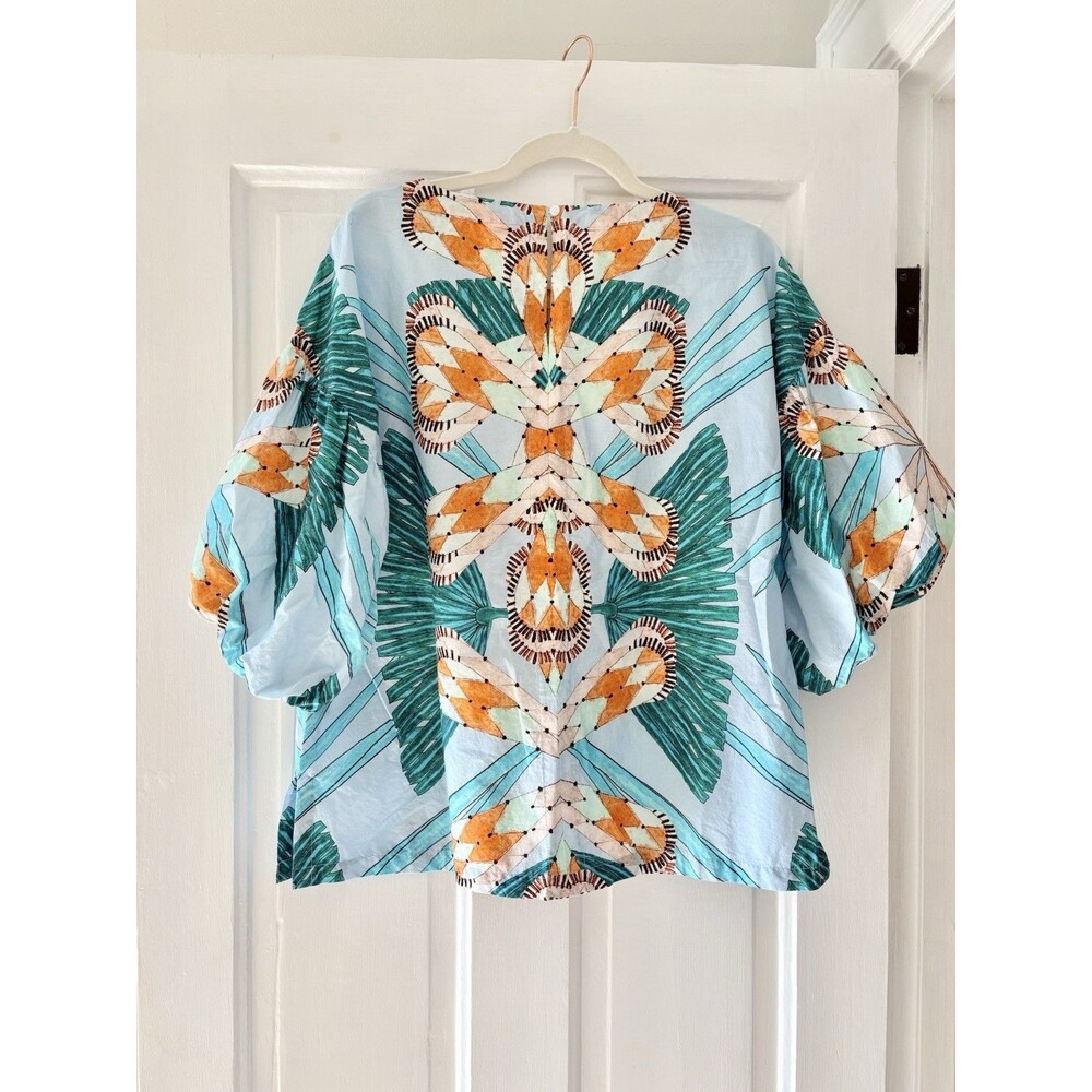 Tuckernuck OLIPHANT Tropical Florals Balloon Sleeve Boho Coastal Blouse Top Sz L - Picture 3 of 10
